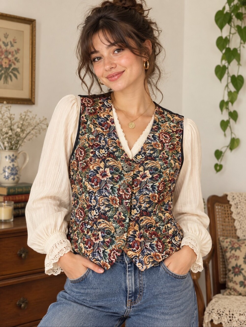 Vintage Au Courant Floral Tapestry Vest Size M Button Up Top